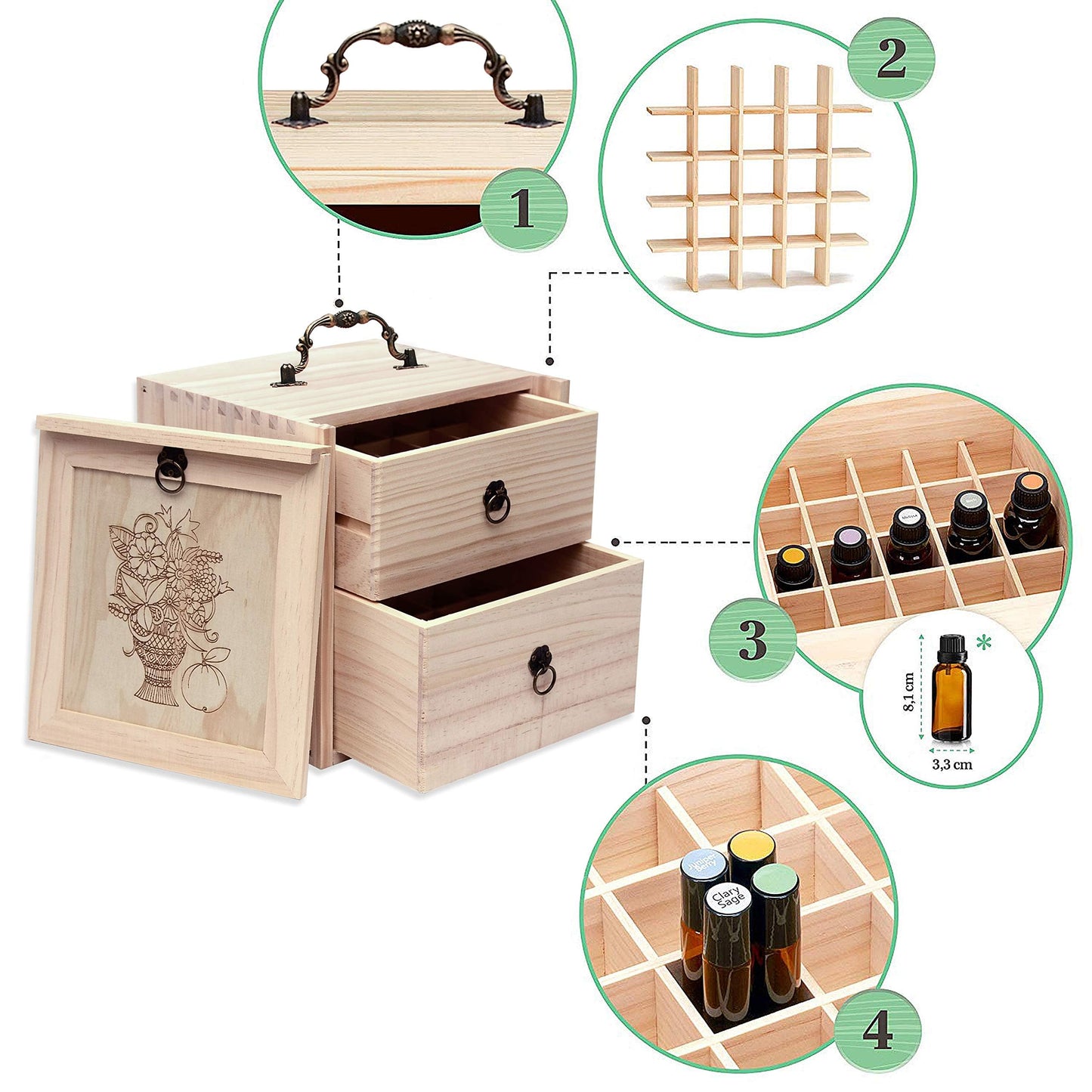TORIBIO Essential Oil Storage Holder Organizer for 40 Bottles, Wooden Essential Oils Box Holds 5 10 15 20 30 ml for Young Living & Doterra Bottles