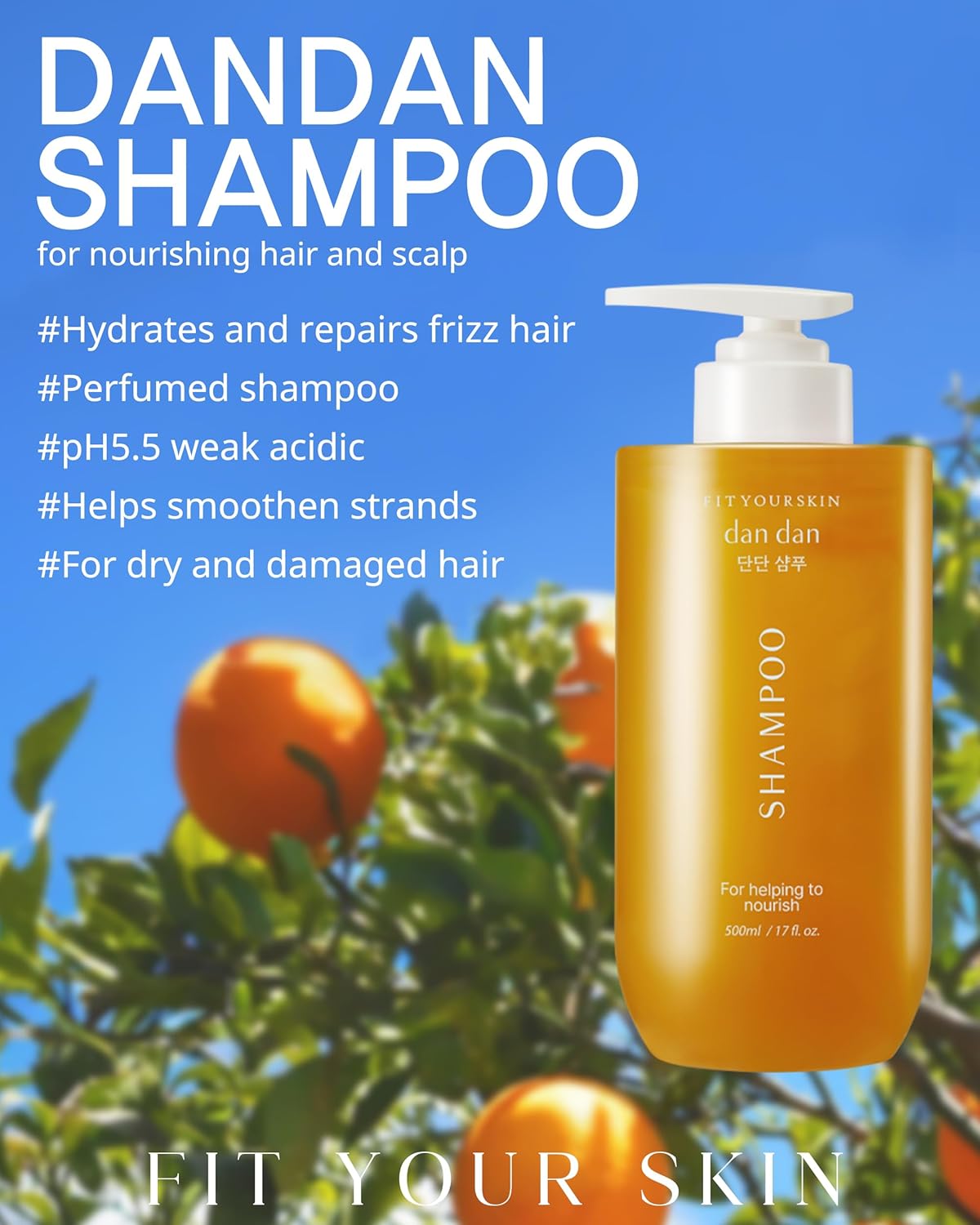 DAN DAN Strengthening Shampoo - Nourishing 9 Fruit Vitamins for Dry Hair | pH 5.5 Keratin Anti-Frizz | 17 fl oz