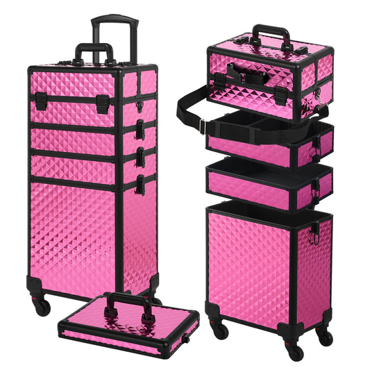 Somduy Rolling Makeup Case, Makeup Train Case with Lid, 5 in 1 Cosmetology Case on Wheels, Christmas Gift, Large Makeup Case Organizers, Profesional Cosmetic Case for Salon Barber, Rose Red