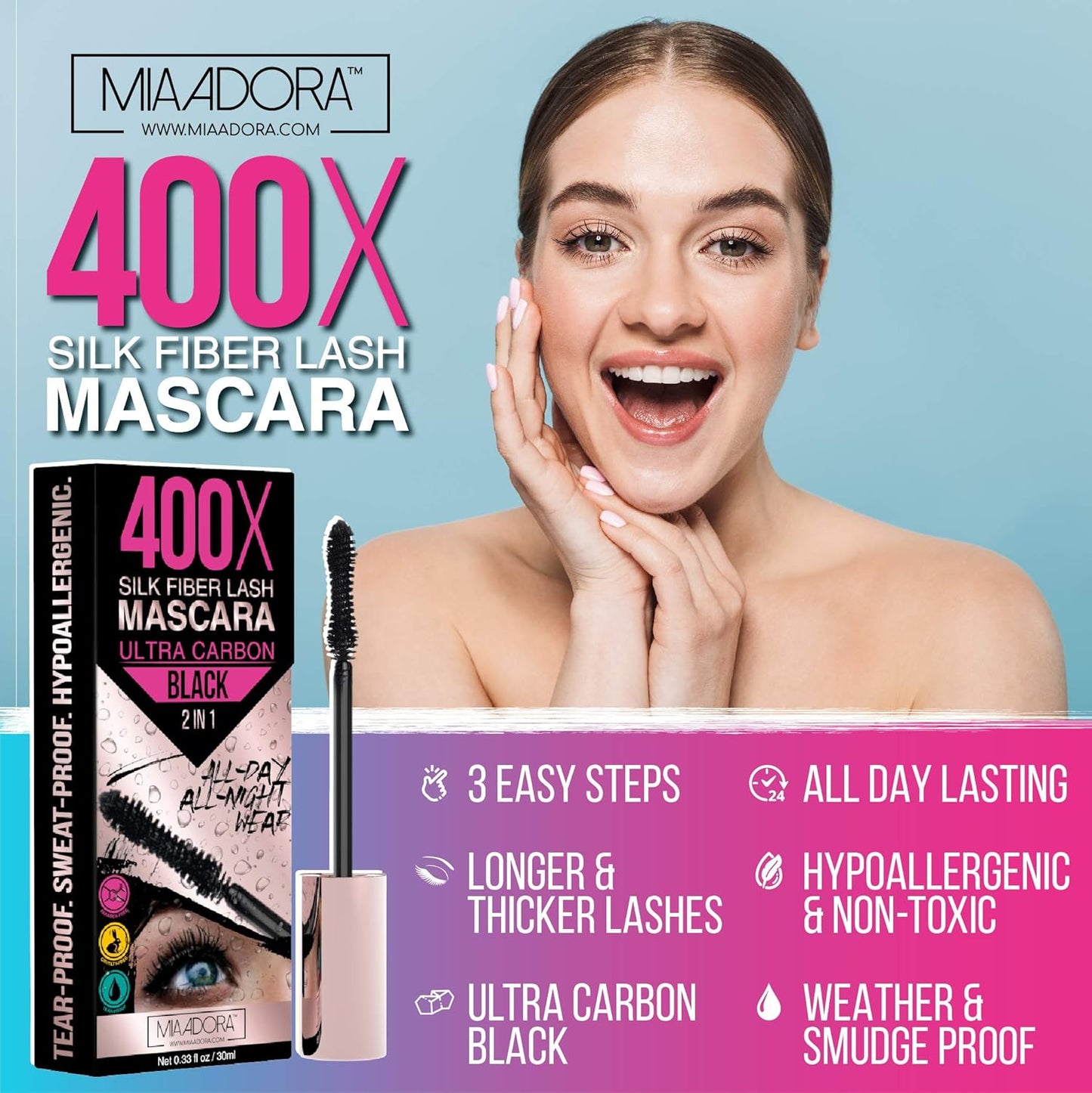 Skiennix 400X Pure Silk Fiber Lash Mascara - Ultra Black Volume & Length for Thicker, Longer Lashes | Waterproof & Hypoallergenic