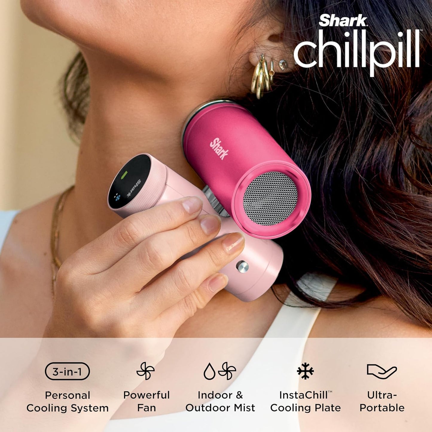 Shark ChillPill - 3-in-1 Personal Cooling System | Portable Fan, InstaChill Plate & Mist - Dragon Fruit, 10 Speeds