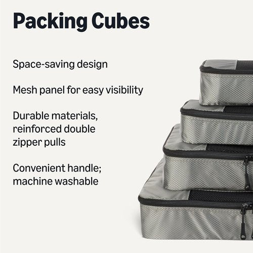 Amazon Essentials Packing Cubes Set - Space-Saving Travel Organizers with Double Zipper | Gray, Small/Medium/Large