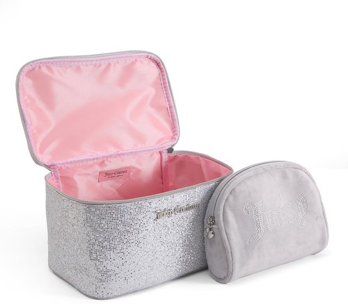 Juicy Couture Silver Sparkle Makeup Bag Set - Travel Essentials Organizer with Glitter Velour Finish