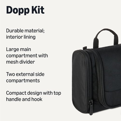 Amazon Essentials Toiletry Bag - Spacious Hanging Dopp Kit with Multiple Compartments, Black