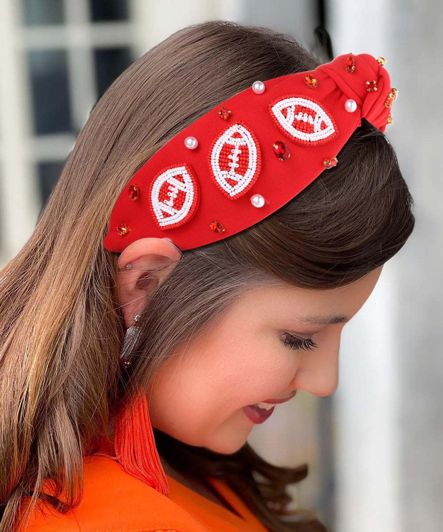 JERTOCLE Football Knotted Headbands for Women Game Day Sports Headband Pearl Crystal Bejeweled Wide Top Knot Hairband Game Day Hair Accessories (Red)