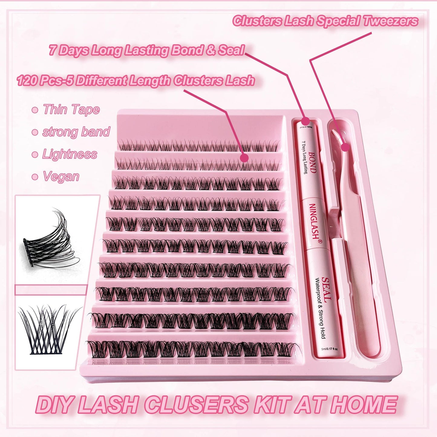 Lash Extension Kit 120 Pcs Lash Clusters with 7 Days Long Lasting Bond and Seal 8-16mm D Curl Wispy Eyelash Extension Kit at Home Lash Tweezers for Lash Clusters