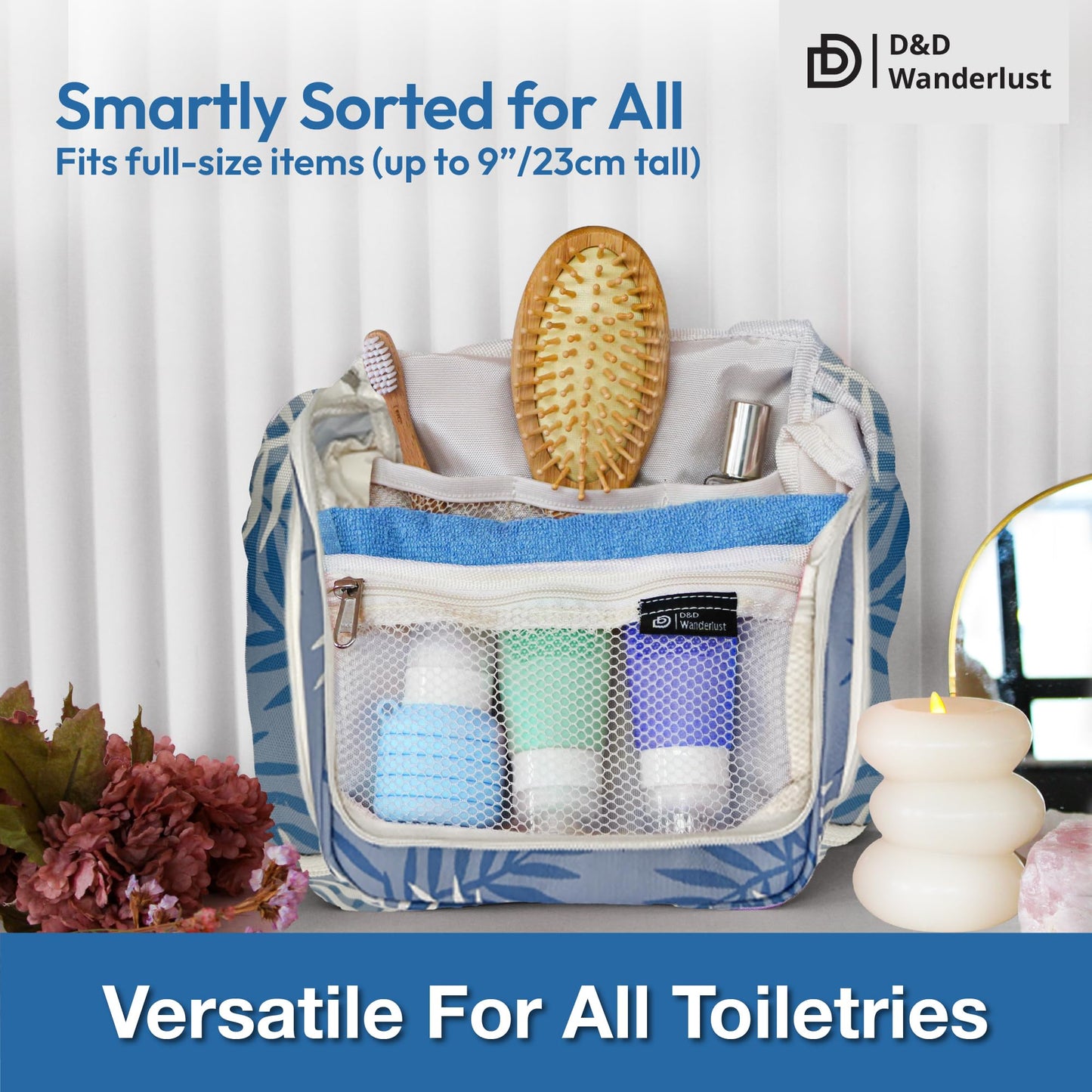 D&D Hanging Travel Toiletry Bag for Men and Women – Cosmetics, Makeup and Toiletries Organizer Kit with 10 Compartments, XXL Metal Swivel Hook, Water-Resistant Nylon