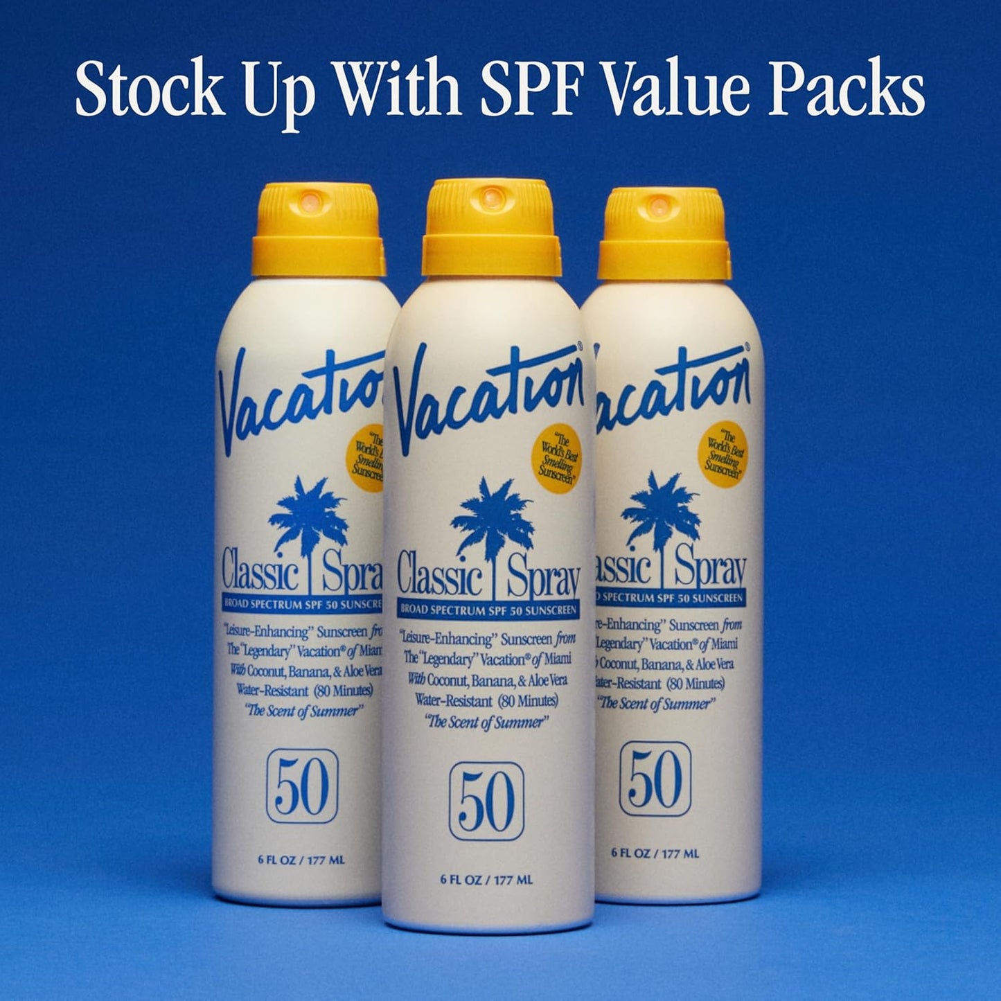 Vacation Classic Sunscreen Spray SPF 50 - Water-Resistant & Lightweight, 6 Fl. Oz. | Vegan & Dermatologist-Tested (Value Pack of 3)