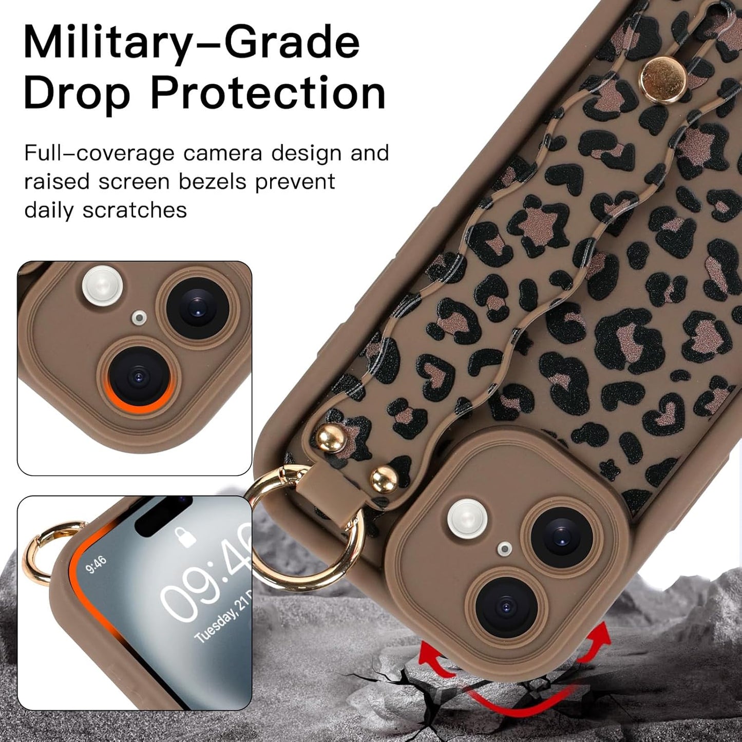 Skiennix iPhone 16 Case - Cute Brown Leopard Design with Finger Strap & Kickstand, Durable Silicone Cover