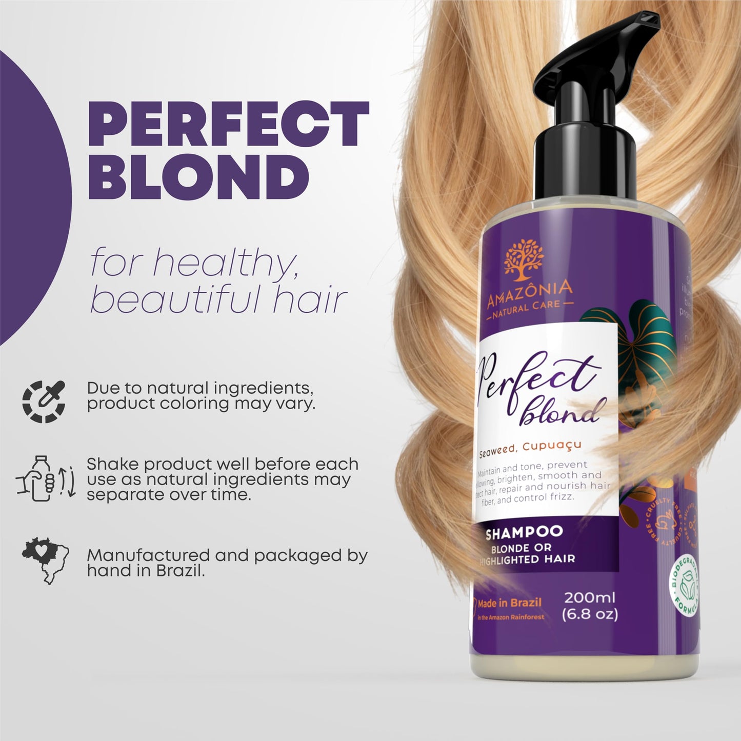 Natural Hair-Shampoo For Blonde Hair- Blonde Color-Treated Hair Toner for Highlighted Hair - Blonde Hair Shampoo with Seaweed & Cupuacu to Protect & Illuminate Blonde Hair - 6.8oz