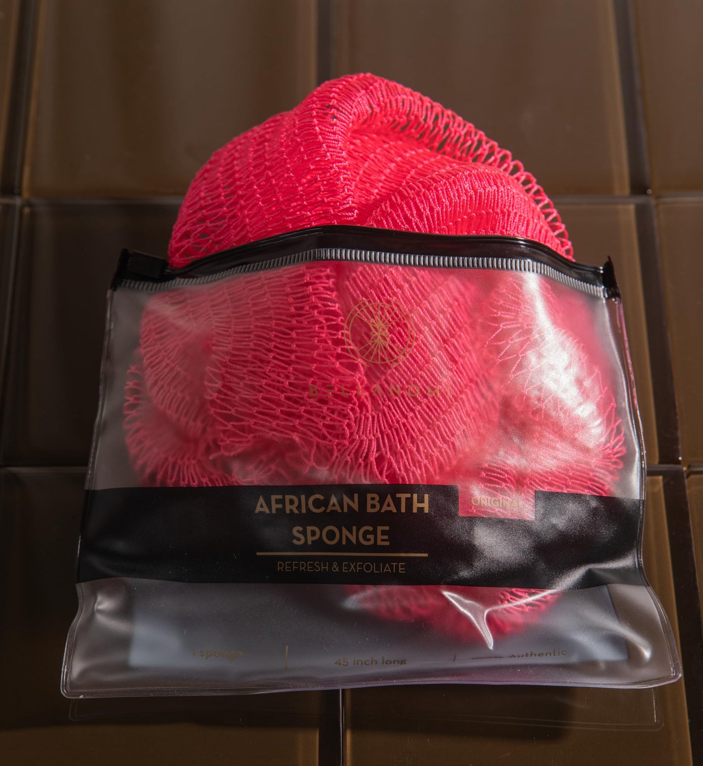 BELLANOMI African Exfoliating Net Sponge, Authentic, Ethically sourced from Nigeria, 45 inches Long, Back Scrubber for Daily use (Pink)