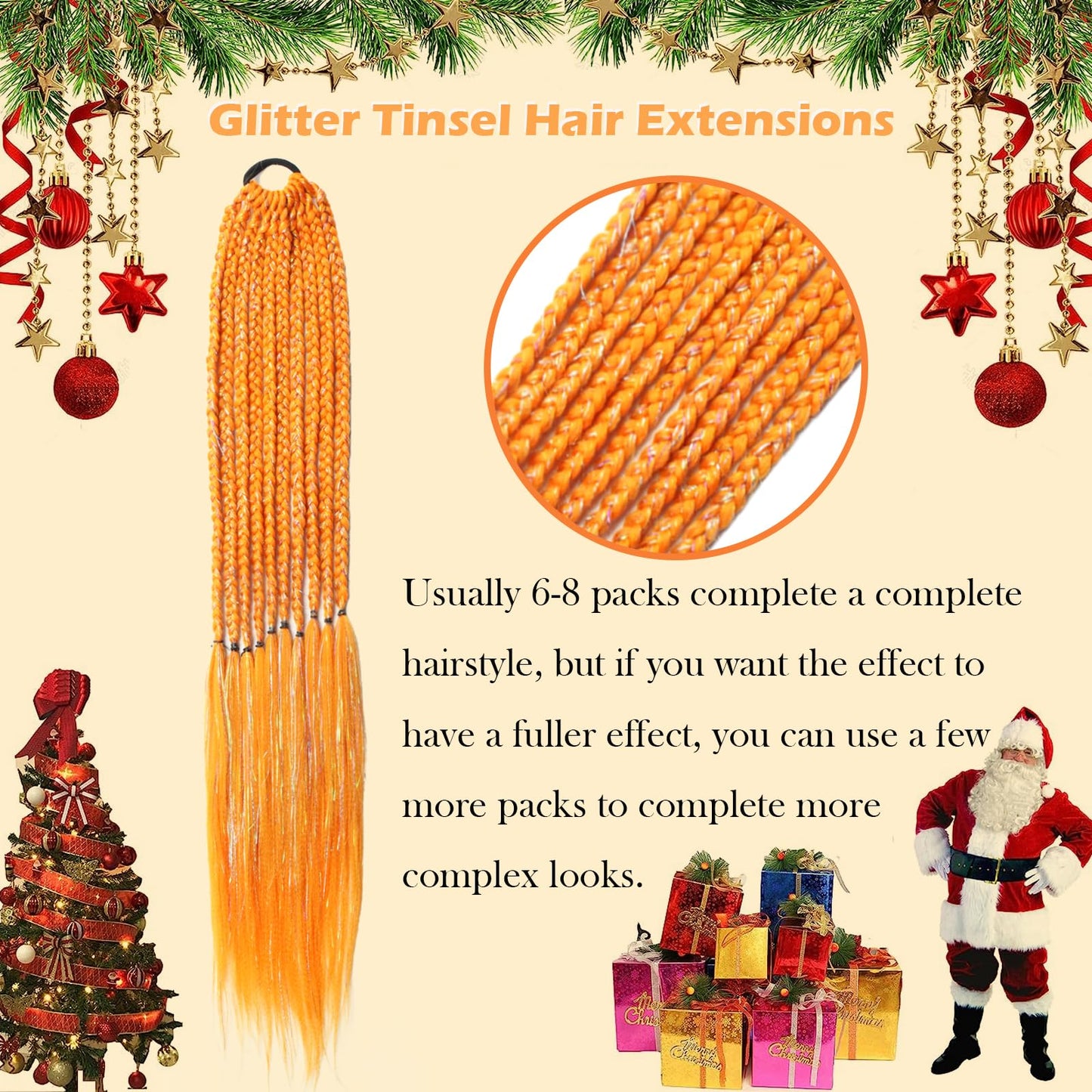 Glitter Orange Festival Pre Stretched Braiding Hair with Tinsel Shinny 30 Inch Box Braid Hair Extensions 3 Packs Yaki Texture Easy to Use