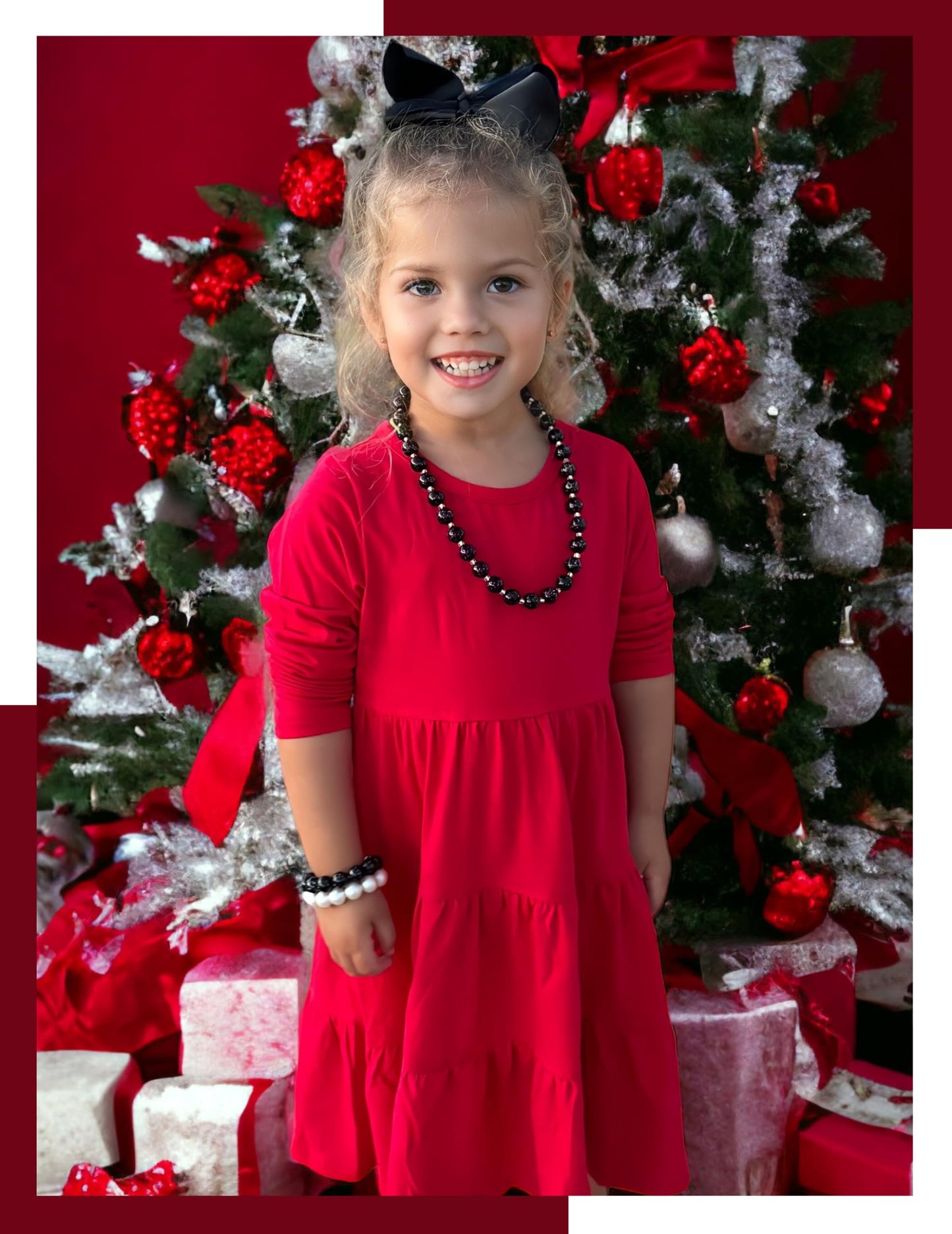 Arshiner Girls Long Sleeve Dress Fall Cotton Crewneck Tiered Ruffle Swing Solid Casual Midi Dresses Red 6 Years