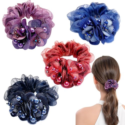 4 PCS Flower Hair Scrunchies for Women Rhinestone Elastic Hair Bands, Ponytail Holders Lace Hair Scrunchies Ties Elastics Bands Rubber Hairbands Hair Accessories for Parties Daily Use