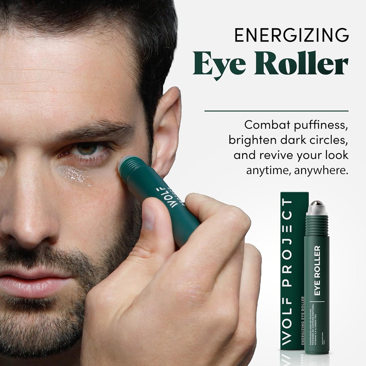 Wolf Project Under Eye Roller - Energizing Serum with Caffeine, Vitamin C & Peptides | Brightens Dark Circles & Reduces Puffiness