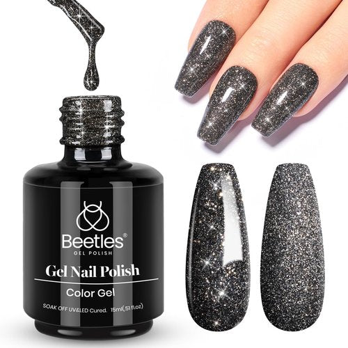 Beetles Black Gel Nail Polish, 1Pcs 15ML Glitter Gel Nail Polish Black Sparkle Reflective Shimmer Color Soak Off UV Lamp Disco Nail Art Manicure Salon DIY at Home Gifts for Her
