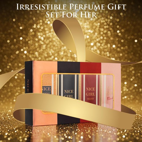 Nice Girl 4 PC Mini Perfume Gift Set for Women, Sweet Vanilla Floral Fragrance, Tuberose, Rose, Amber, Cacao, Powdery Almond, Travel Size 30ml Eau De Parfum, Classic, Velvet, Glitter, & Blush