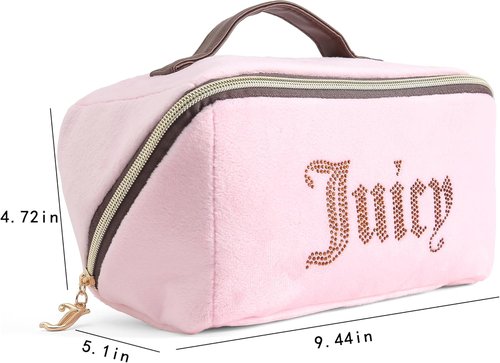 Juicy Couture Makeup Bag - Pink & Brown Velour Organizer with Rhinestone Handle | Travel Essentials