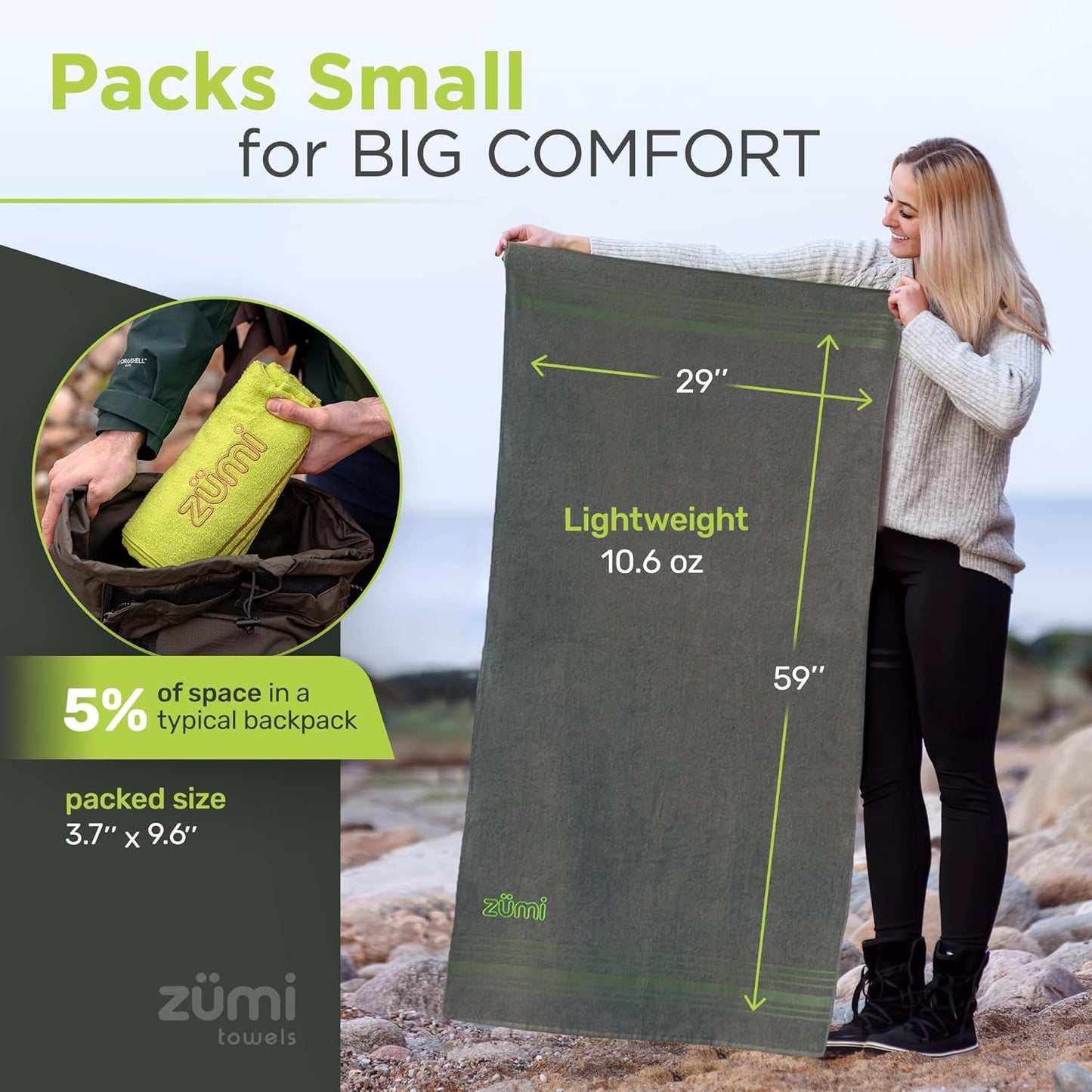 Zumi 100% Cotton Quick Dry Travel Towel - Soft, Compact & Highly Absorbent for Beach, Gym & More - Gray