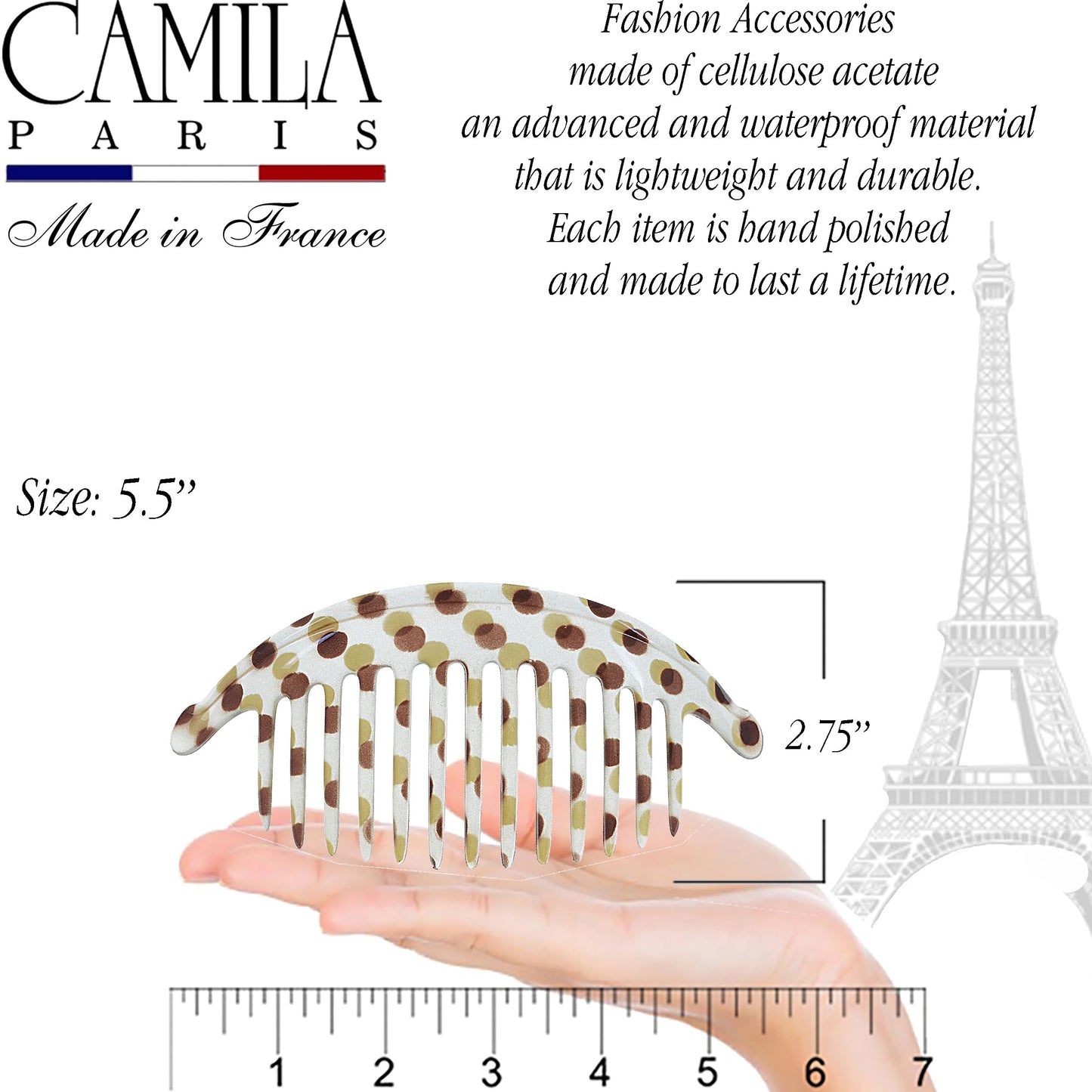 Camila Paris CP1248/2 French Hair Side Combs, Dots Interlocking Combs French Twist Hair Combs, Strong Hold Hair Clips for Women Bun Chignon Up-Do, Styling Girls Hair Accessories, Made in France