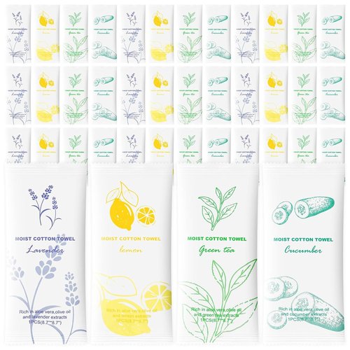 Moist Cotton Towels - Individually Wrapped Refreshing Towelettes | 100 Count in Lavender, Green Tea, Lemon & Cucumber