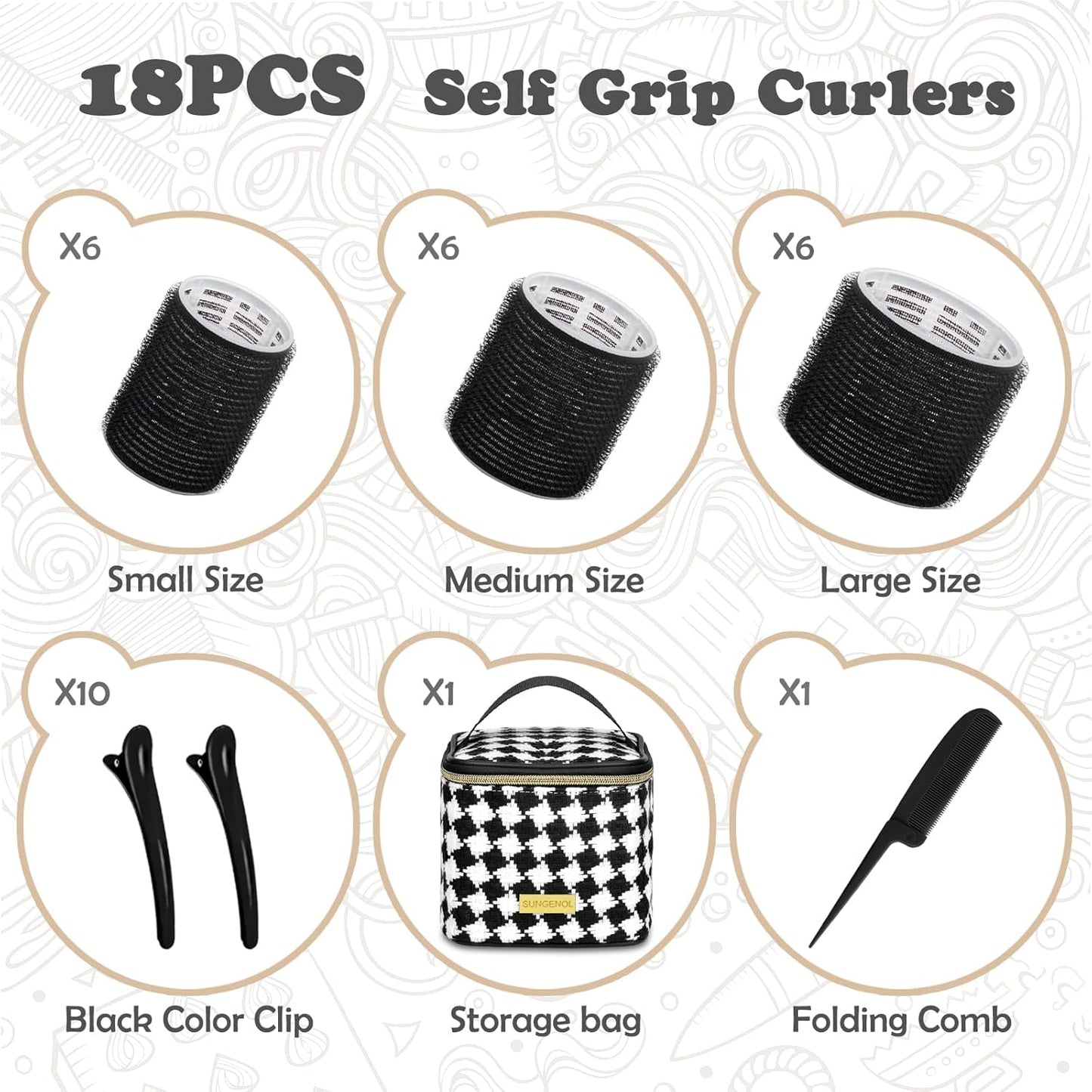 Sungenol Hair Roller Set - 18 Pcs with Clips & Comb for Salon-Quality DIY Hairstyles | 3 Sizes Included