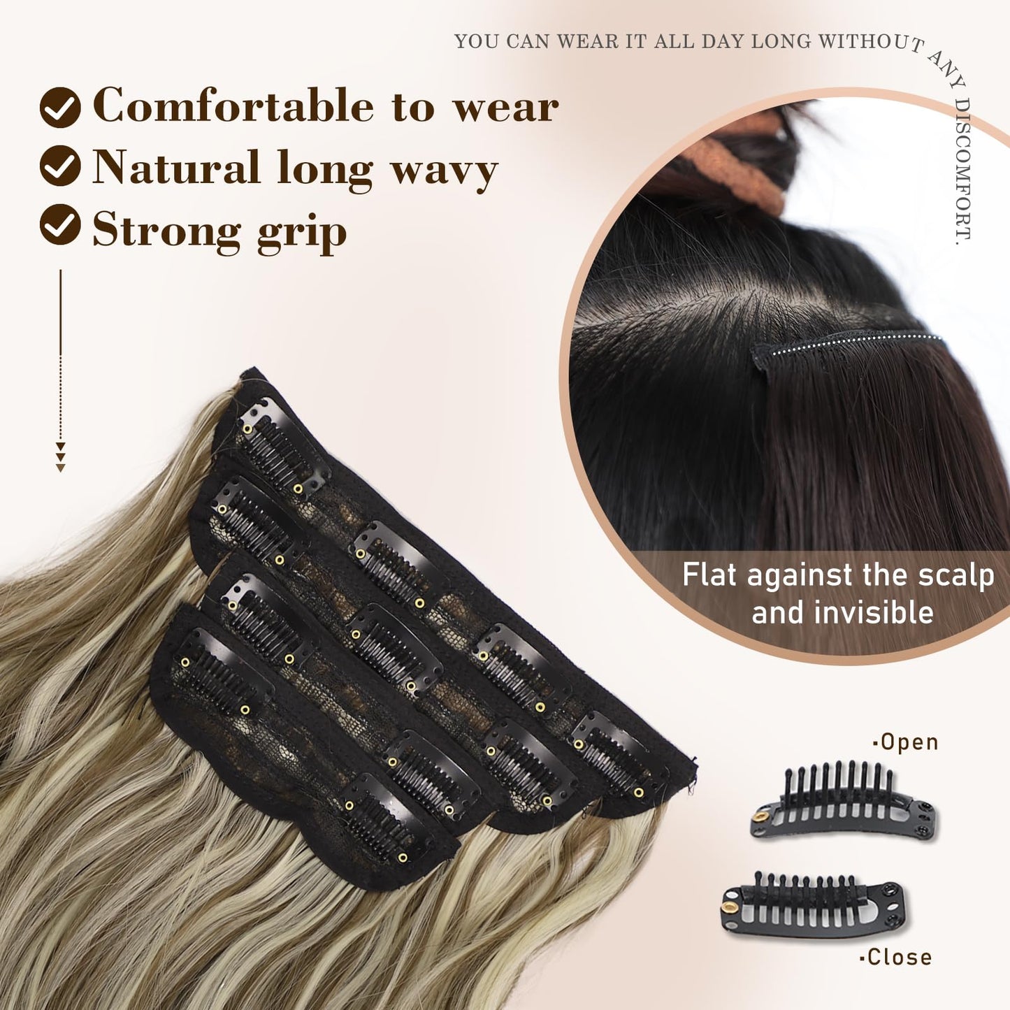 QGZ Clip in Hair Extensions for Women 4 PCS Set of Thick, Synthetic Long Wavy Hairpieces 20 Inch Light Brown mix Natural Blonde