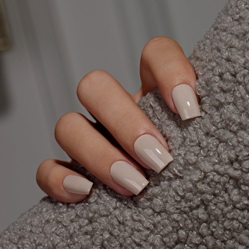 KQueenest Light Gray Press On Nails Medium Square - Acrylic Press On Nails with Glue, Nude Brown Coffin Short Fake Nails Press ons, Glossy Opaque, Reusable Soft Gel Glue on Nails for Women, 28 Pcs