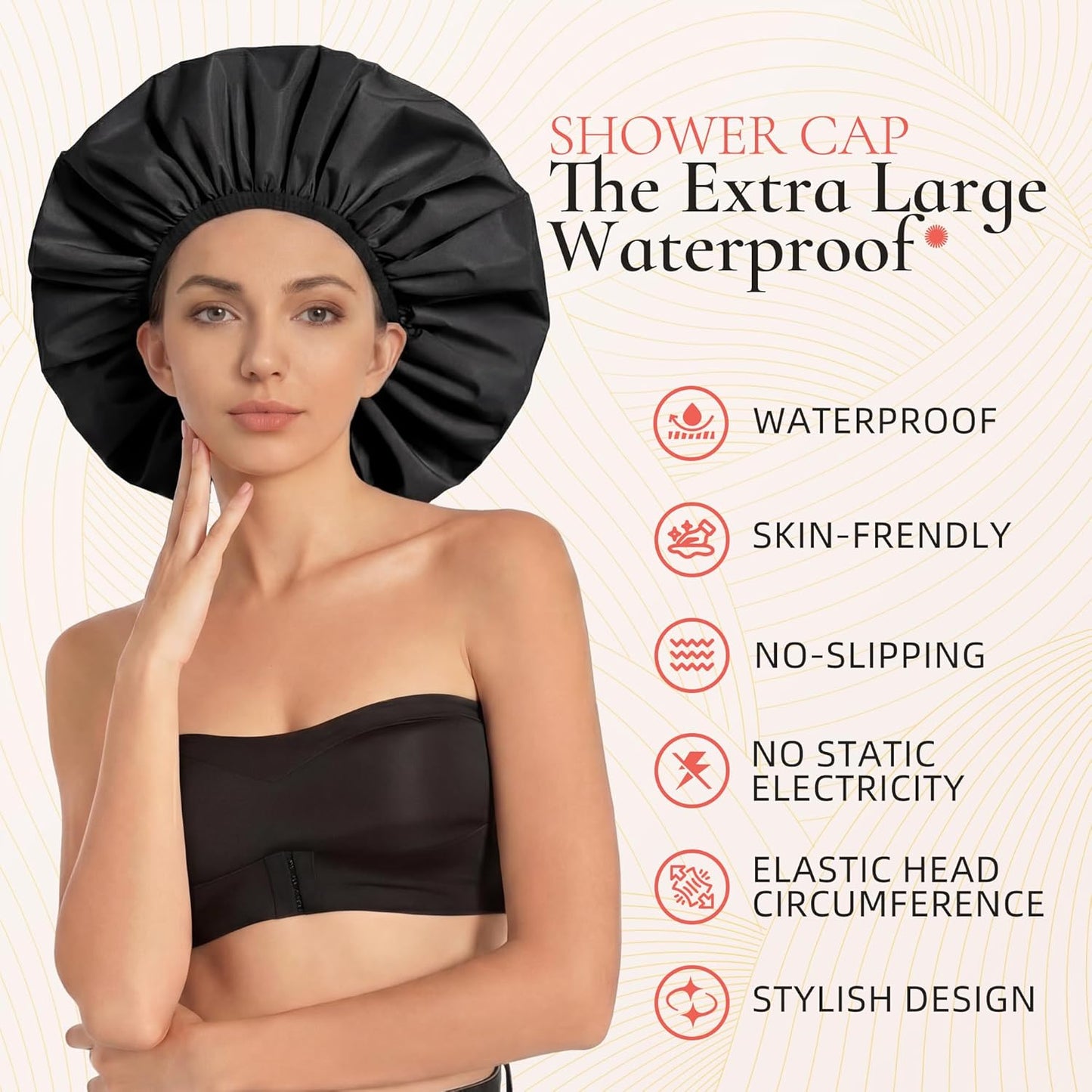 Skiennix Extra Large Shower Cap - Reusable Waterproof Jumbo Bath Hair Bonnet for Thick Curly Hair | Black