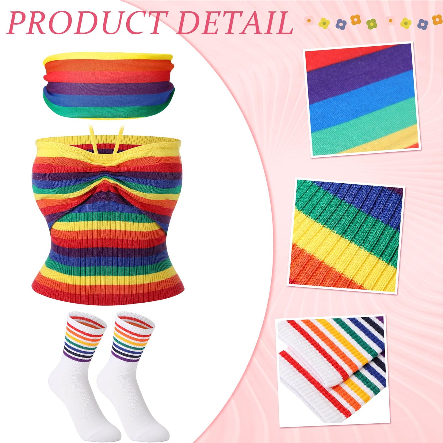 Cuffbow 4 Pcs Prides Parade Outfits, Rainbow Halter Backless Knitted Tank Top, Rainbow Hair Band and Rainbow Ankle Socks (Size M)