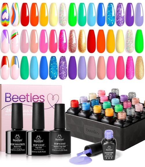Beetles Neon Gel Polish Set, 20 Colors Glitter Pink Red Green Blue Bright Rainbow Collection Colorful Gel Polish Nails Sparkle Gel Base Glossy & Matte Top Coat UV Gel Spring Gift for Women & Girls