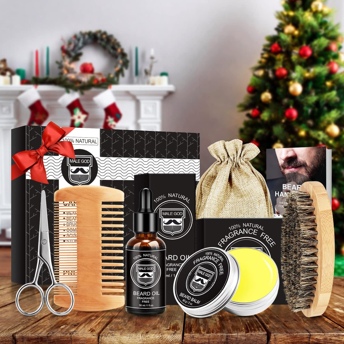 MALE GOD Gifts for Men, Beard Kit with Beard Oil, Balm, Comb, Brush, Scissors, Beauty Gift Sets for Him, Birthday & Christmas, Stocking Stuffers for Adults Men, Boyfriend, Husband, Son, Friend, Dad