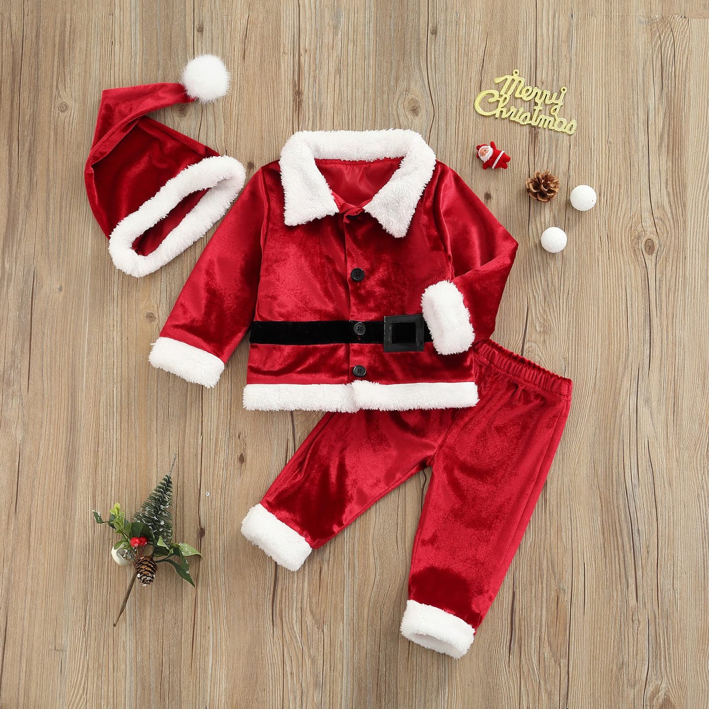 Emmababy Santa Costume Infant Baby Boy Velvet Outfit Toddler Girls Christmas Outfit Button Down Plush Jacket Coat Pants Hat (3PCS pants set, 6-12 Months)