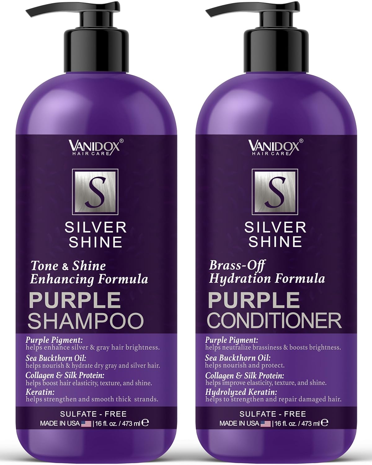 VANIDOX Purple Shampoo & Conditioner Set - Sulfate-Free, Moisturizing for Grey & Silver Hair | 16 fl oz Each