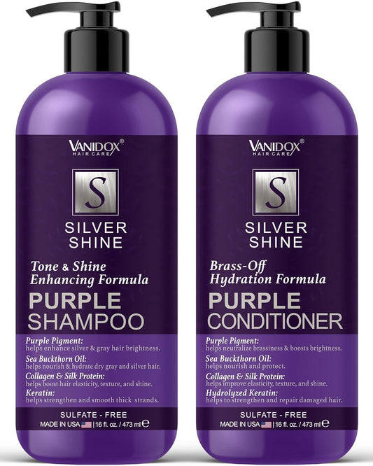 VANIDOX Purple Shampoo & Conditioner Set - Sulfate-Free, Moisturizing for Grey & Silver Hair | 16 fl oz Each