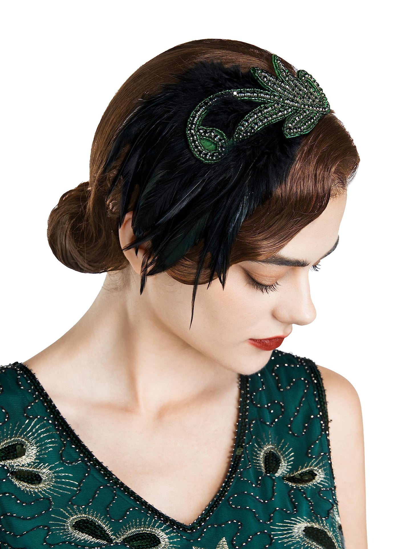 SWEETV 1920s Flapper Headband Vintage Roaring 20s Great Gatsby Feather Headpiece Hair Accessories for Women(Green)