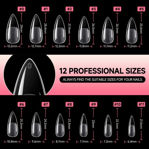 UNA GELLA Medium Stiletto Nails Tips,504Pcs Press-on Nails Stiletto Clear Gel Nail Tips, Full Cover Pre-Etched Fake Acrylic Nails, Sturdy for Nail Extensions Home Art Salon 12 Sizes