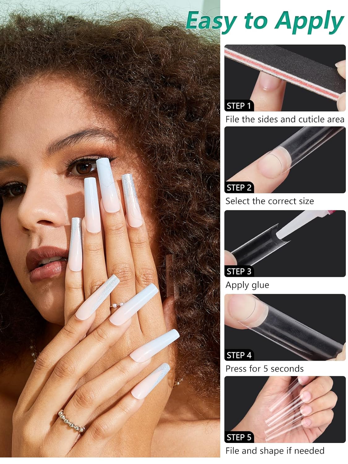 Skiennix 504 PCS No C Curve Clear Nail Tips - 3XL Extra Long Half Cover Tapered Square for DIY & Salons