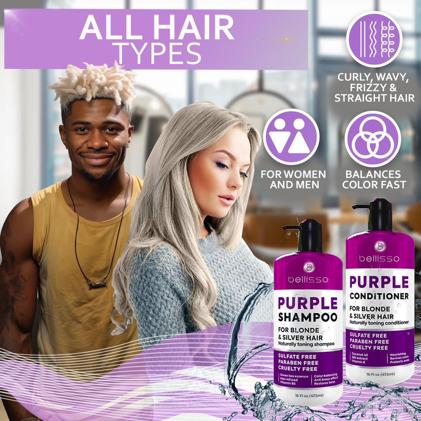 Skiennix Purple Shampoo and Conditioner Set - Sulfate & Paraben Free Toner for Blonde, Silver, and Grey Hair (2 x 16 fl oz)