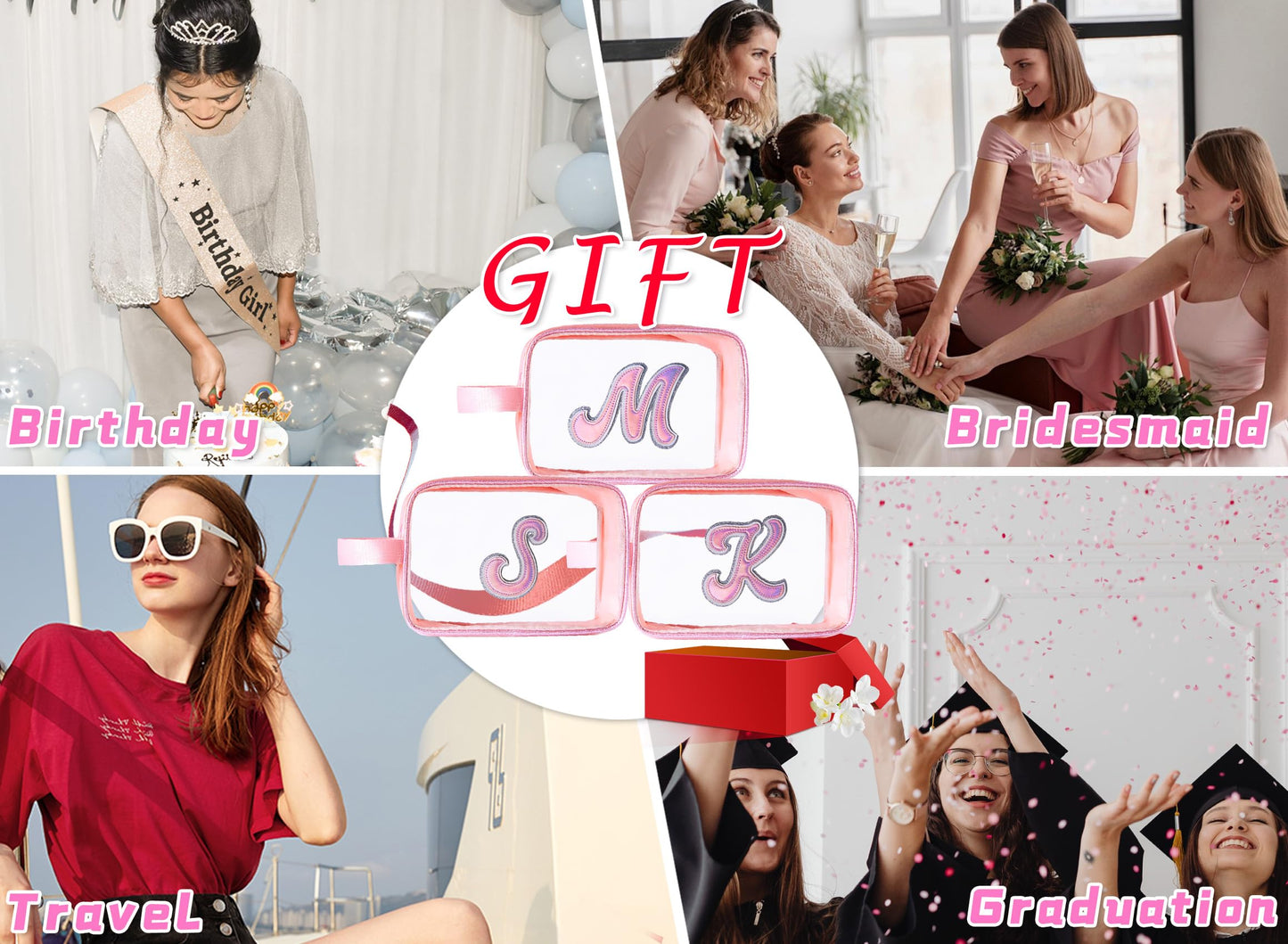 COSHAYSOO Clear Makeup Bag Preppy Initial Letter Cosmetic Toiletry Sunscreen Pouch Travel Essential Accessories Gifts for Women Girls Summer Camp Vacation Beach Pool Lake Hiking Road Trip Pink F