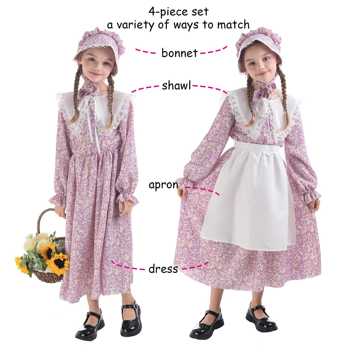 LTAKK Prairie Dresses for Girls Pioneer Colonial Costume Girl Pilgrim Dress with Shawl, Apron and Bonnet, Violet, Large