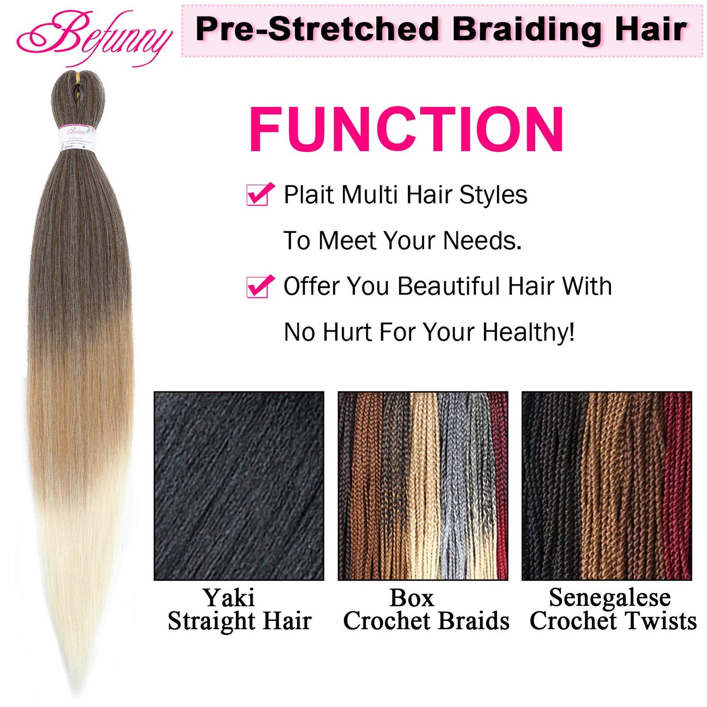 BEFUNNY Pre stretched Braiding Hair 30 Inch 8 Packs Prestretched Braiding Hair Bundles Long Brown/Blonde/White Three Tone Synthetic Crochet Hair For Women, Yaki Straight, Itch Free(30",T4/27/613)