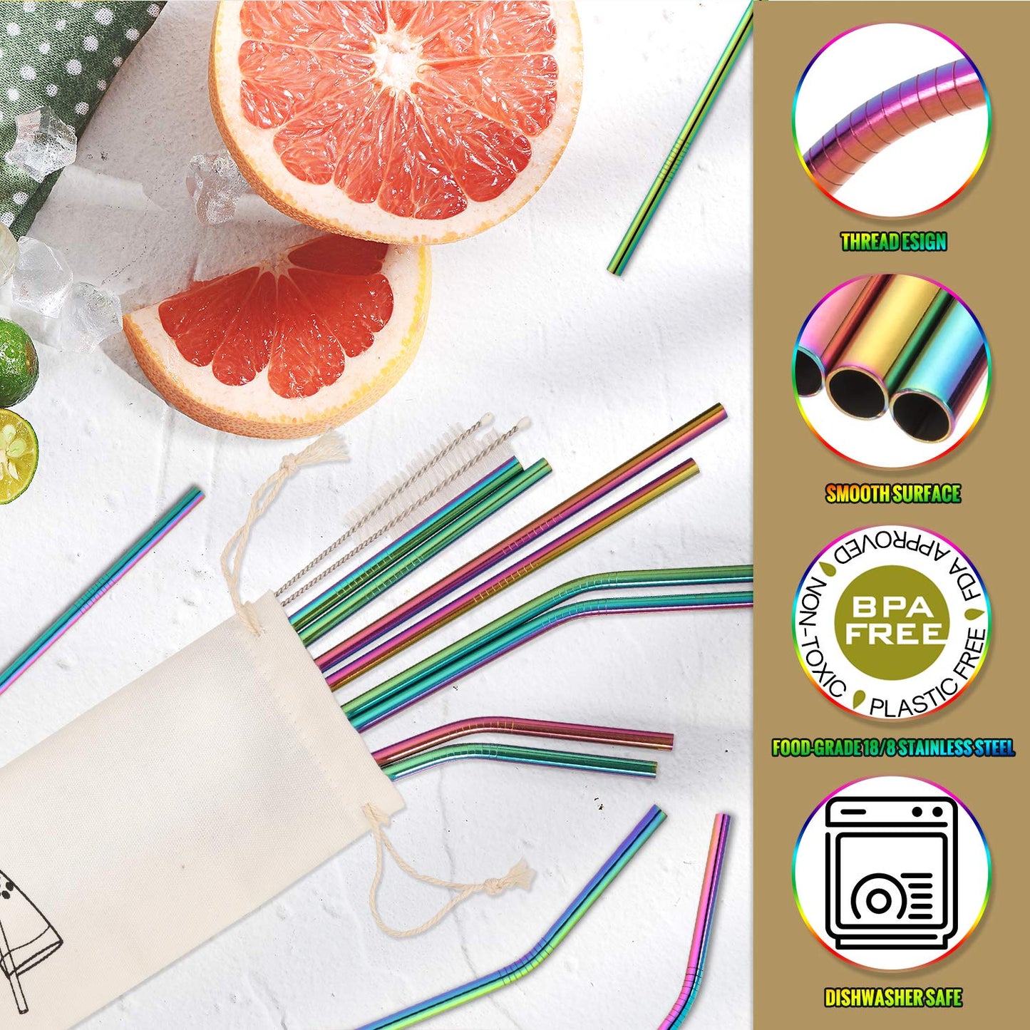 Hiware 12-Pack Black Stainless Steel Straws Reusable with Case - Metal Drinking Straws for 30oz and 20oz Tumblers Dishwasher Safe, 2 Cleaning Brushes Included