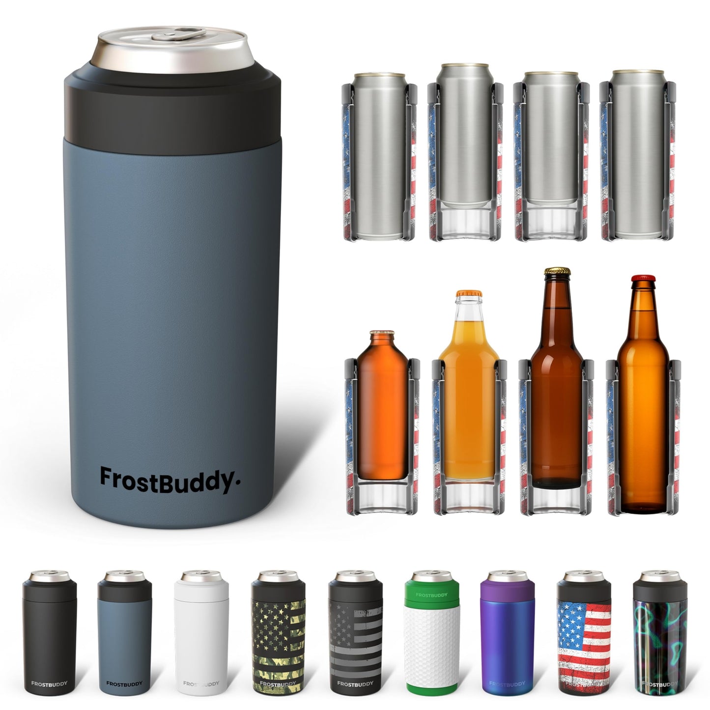 Frost Buddy Universal Buddy Can Cooler - Fits All - For Regular 12 & 16 oz or Slim-Size Bottles - Insulated Double -Walled Stainless Steel (All white)