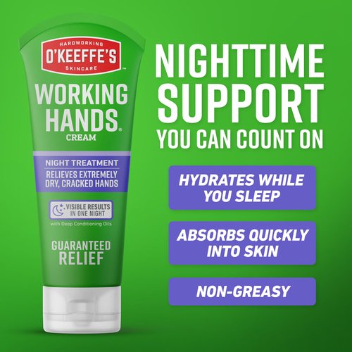 O'Keeffe's Working Hands Hand Cream Plus Night Treatment Cream Bundle - 3 oz Tubes (2 total) - Repairing Skincare for Cracked, Dry Hands