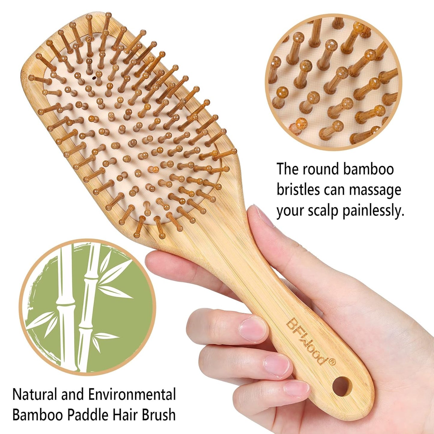 BFWood Bamboo Hair Brush - Paddle Design with Rounded Wood Bristles for Detangling & Scalp Massage
