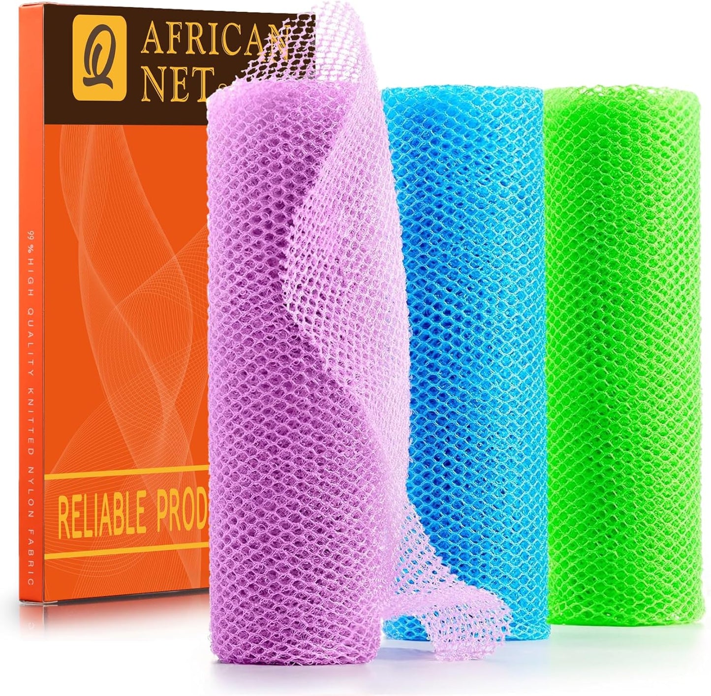 UJFQBH African Bath Sponge Set - Exfoliating Long Net Body Scrubber | 3 Pieces in Pale Purple, Blue, Green