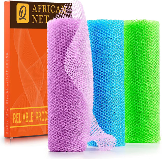 UJFQBH African Bath Sponge Set - Exfoliating Long Net Body Scrubber | 3 Pieces in Pale Purple, Blue, Green