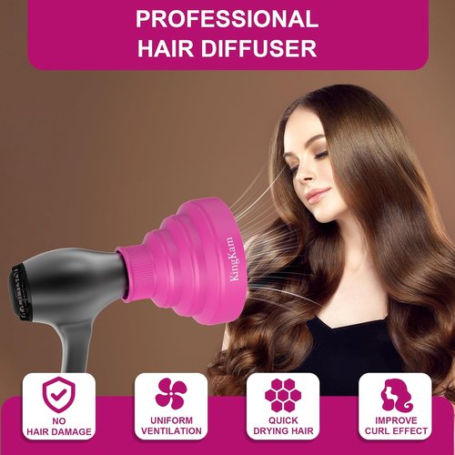 Collapsible Silicone Hair Dryer Diffuser - Travel-Friendly Design for Easy Storage | Fits Most Hair Dryers (1.575-1.968 Inch Nozzle) - Pink