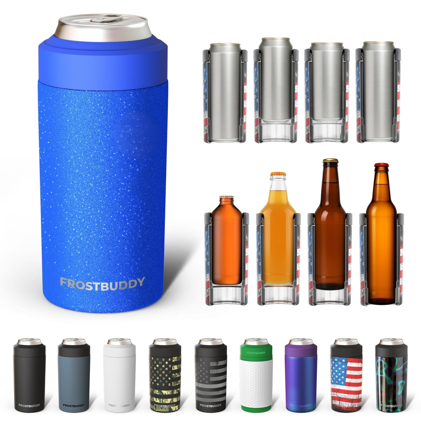 Frost Buddy Universal Buddy Can Cooler - Fits All - For Regular 12 & 16 oz or Slim-Size Bottles - Insulated Double -Walled Stainless Steel (All white)